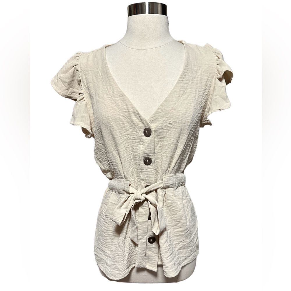 L.I.F.E. Love Is For Eternity - Cream Front Tie, Button Neck Blouse Sz XL NWT - Picture 2 of 11